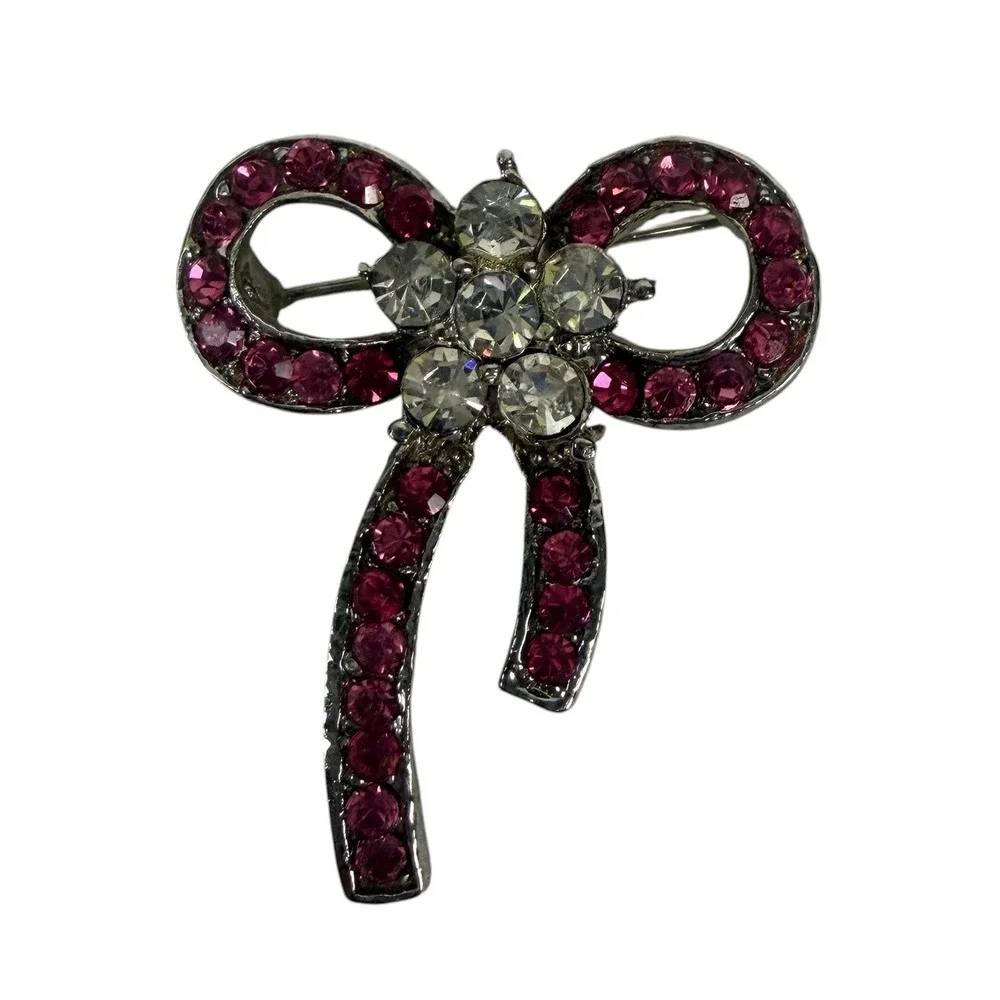 Pink Rhinestone Bow Brooch Silver Tone Ribbon Flower Center Pin 8255